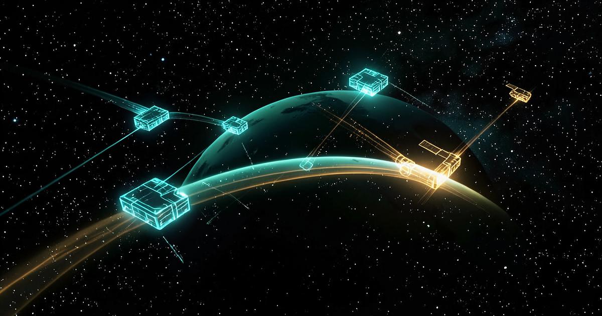 Glowing blockchain nodes orbiting a planet, illustrating decentralised crypto trading networks