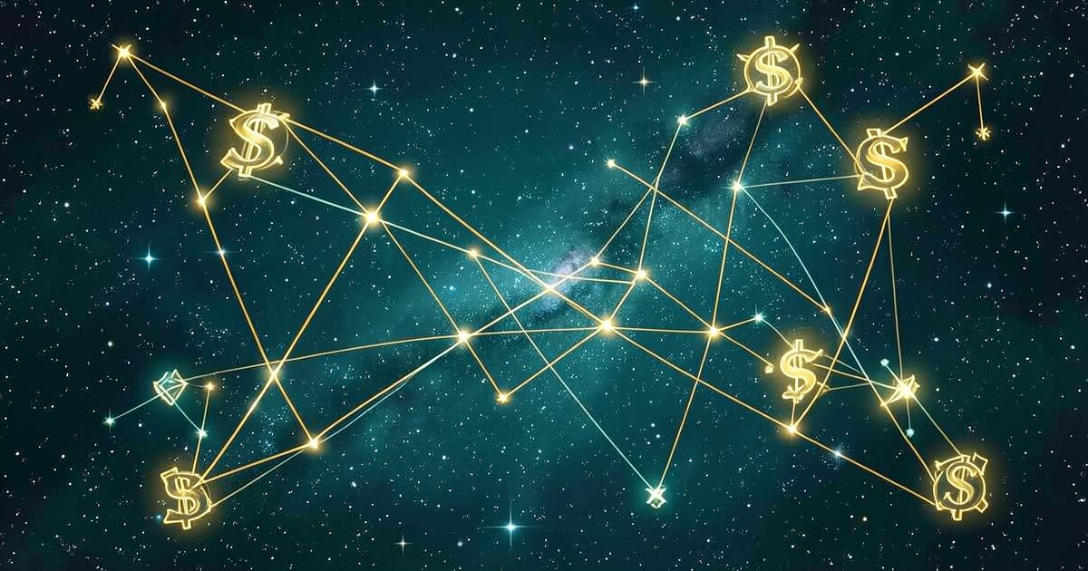 Currency symbol constellations connected across a starfield illustrating global forex trading