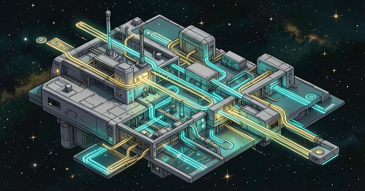 Isometric space station routing hub with glowing data pipelines representing trading platform order flow
