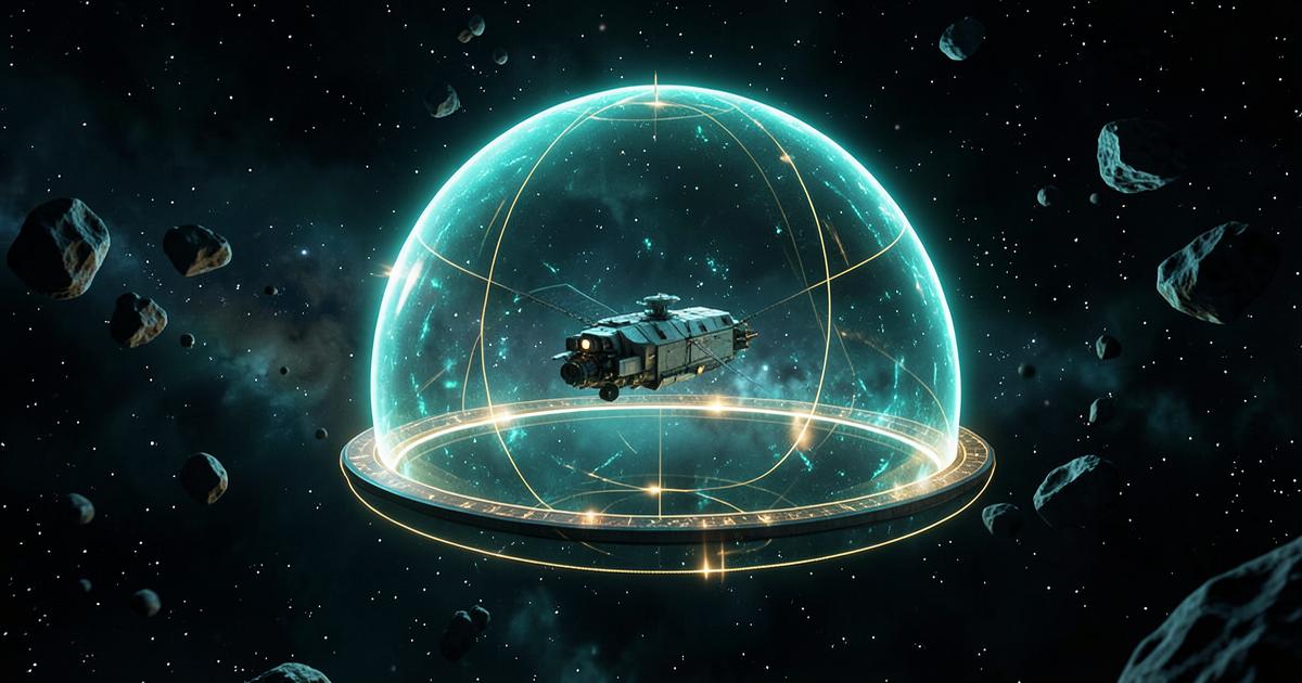 Glowing shield dome protecting a spacecraft from asteroids, symbolising trading risk management