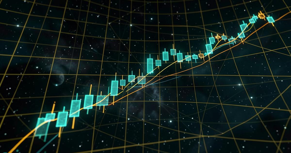 Holographic candlestick chart with trend lines over a cosmic grid representing technical analysis